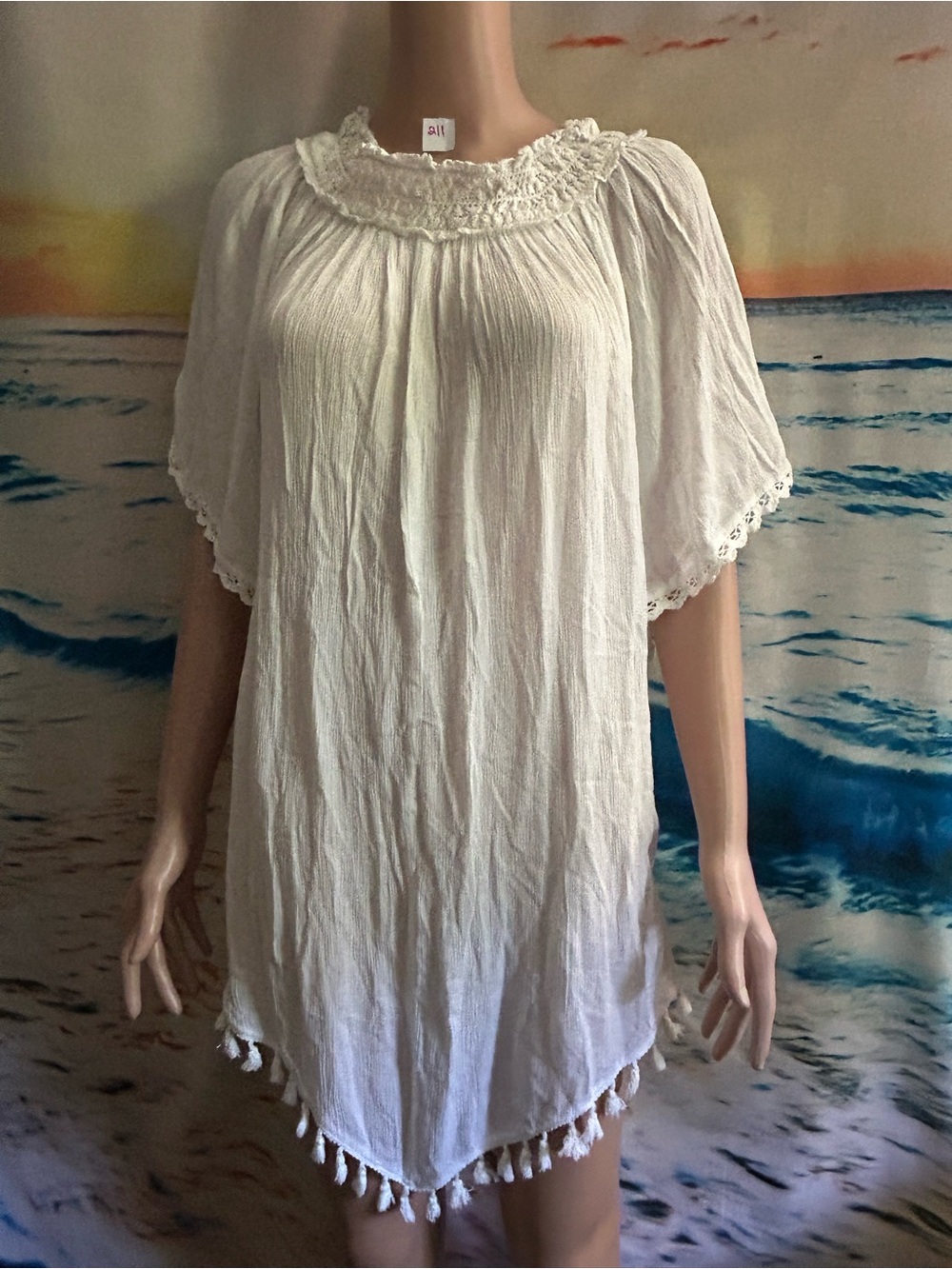 Nouveau Beach Women's White Tassel Hem Peasant Dress Swim Cover Up MD NWT